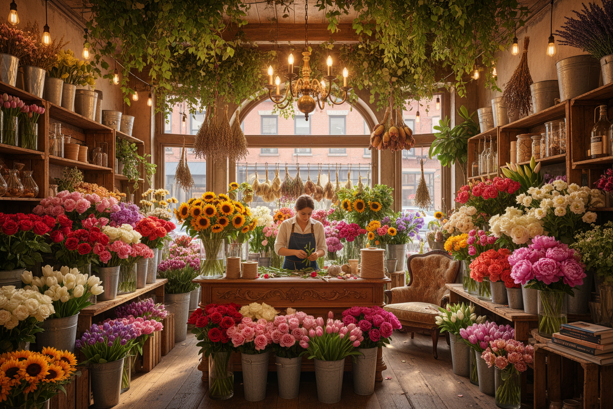 Floral shop with a variety of flowers and a staff member behind the counter.