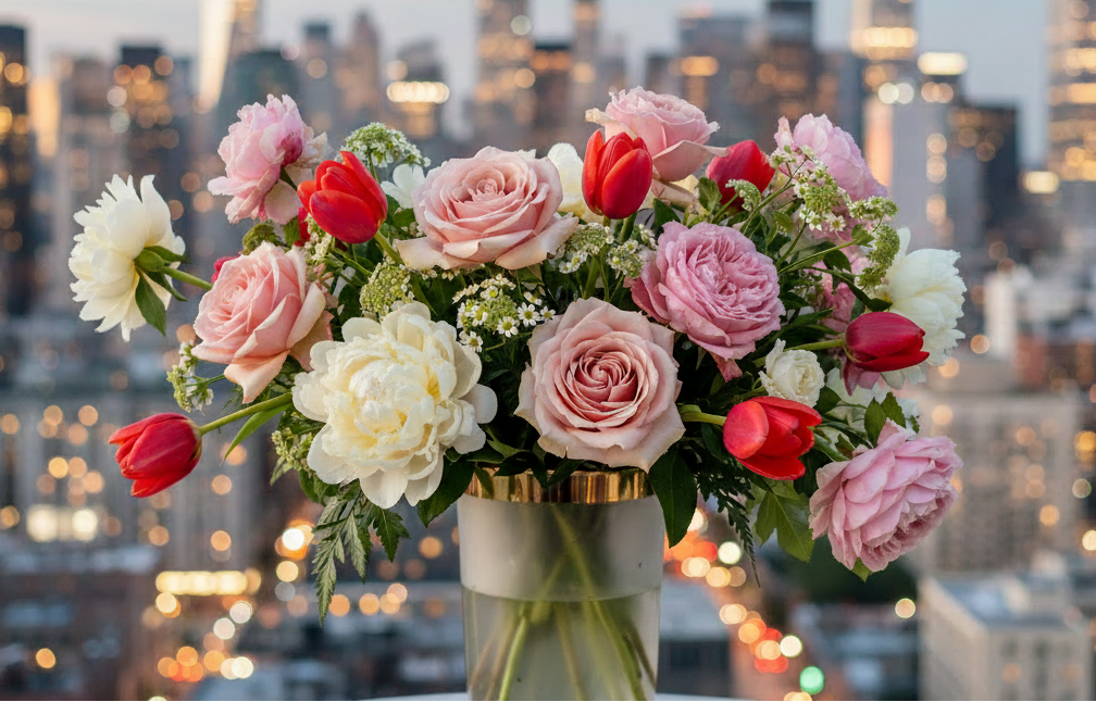 A bouquet of pink and white roses with red tulips in a white vase, set against a blurred New York City skyline at dusk. Gold text at the top reads 'York Flower Market' and 'Online Floral Boutique,' with a pink 'SHOP NOW' button near the bottom.